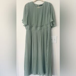 Zara Pleated Celery Green Midi  Dress L